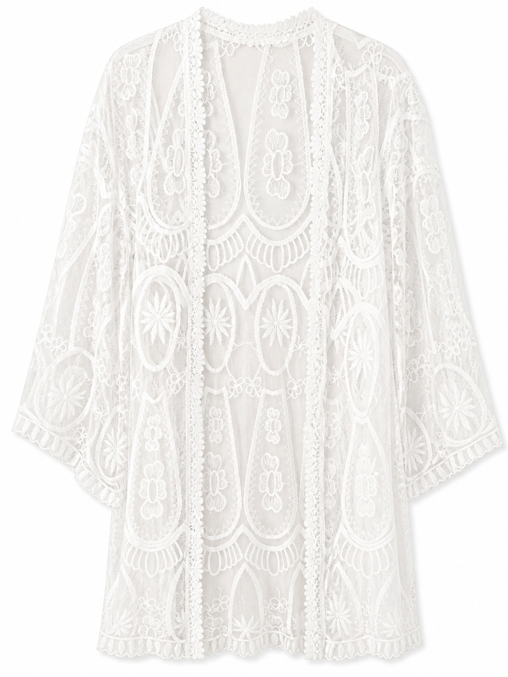 Vintage Handmade White Lace Embroidered Kimono Cardigan One Size